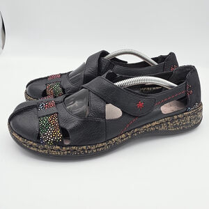 Rieker Black Leather Comfort Sandals Size 6 Womens Slip On Casual Walking Shoes